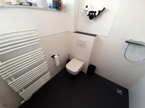 WC mit hellen Wandfliesen und dunklem Boden